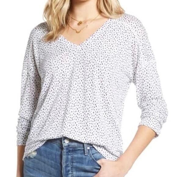 RAILS Sami Drop Shoulder V-neck Linen Blend Tee White Black Leopard Spots LG - Picture 5 of 8